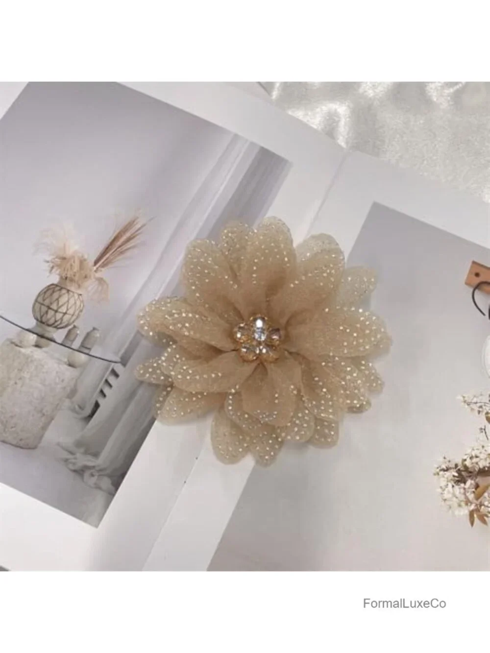 Elegant Organza Floral Brooch Pin with Rhinestones Large Statement Brooch for